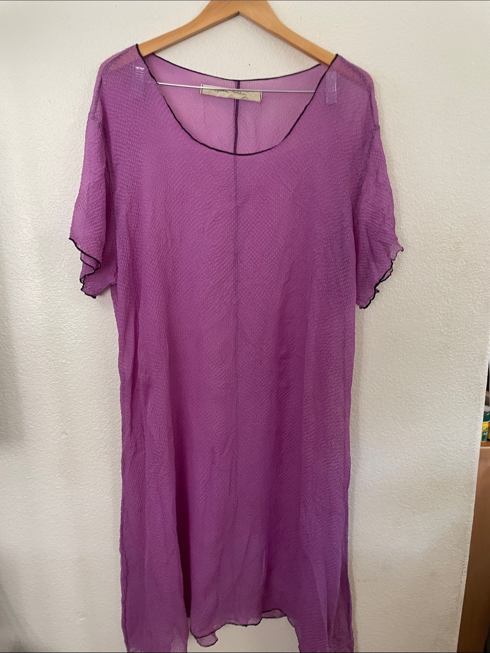 Cynthia Ashby 100% silk Sheer Purple Maxi Dress with Flutter Sleeves XL 27x43